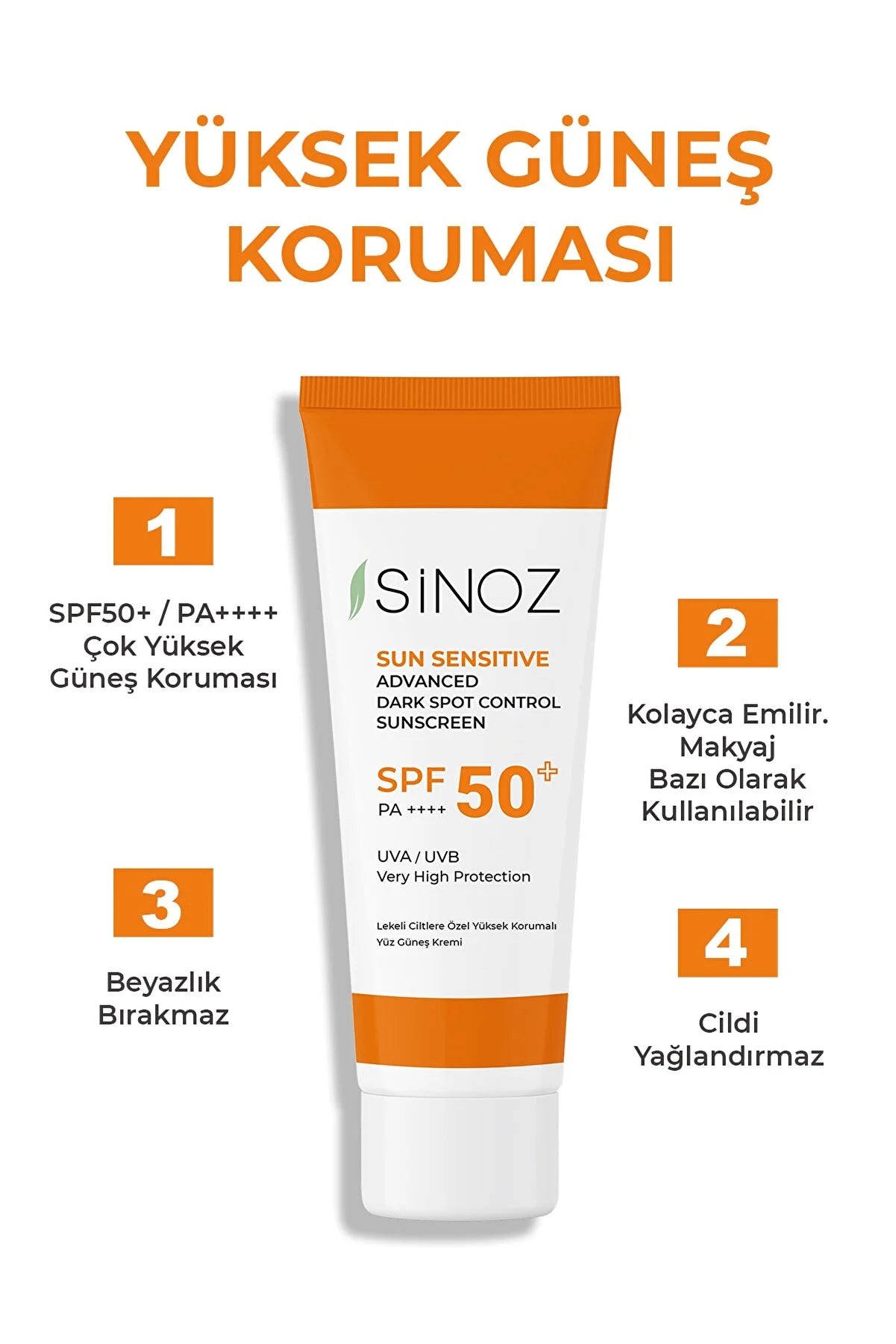 Sinoz Ləkəli Dəri Üçün aydınladıcı təsirli Yüksək Qoruyucu Üz Günəş Kremi Spf50