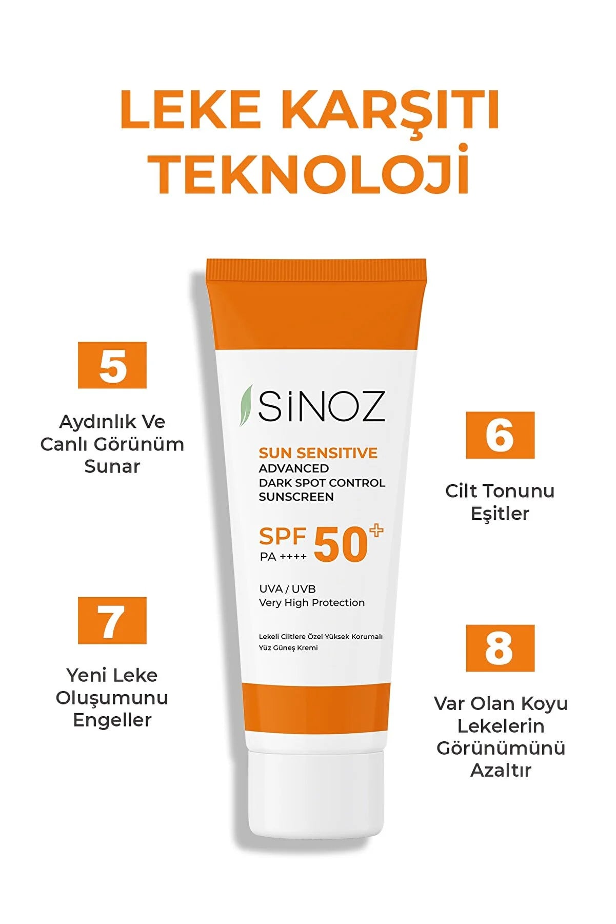 Sinoz Ləkəli Dəri Üçün aydınladıcı təsirli Yüksək Qoruyucu Üz Günəş Kremi Spf50