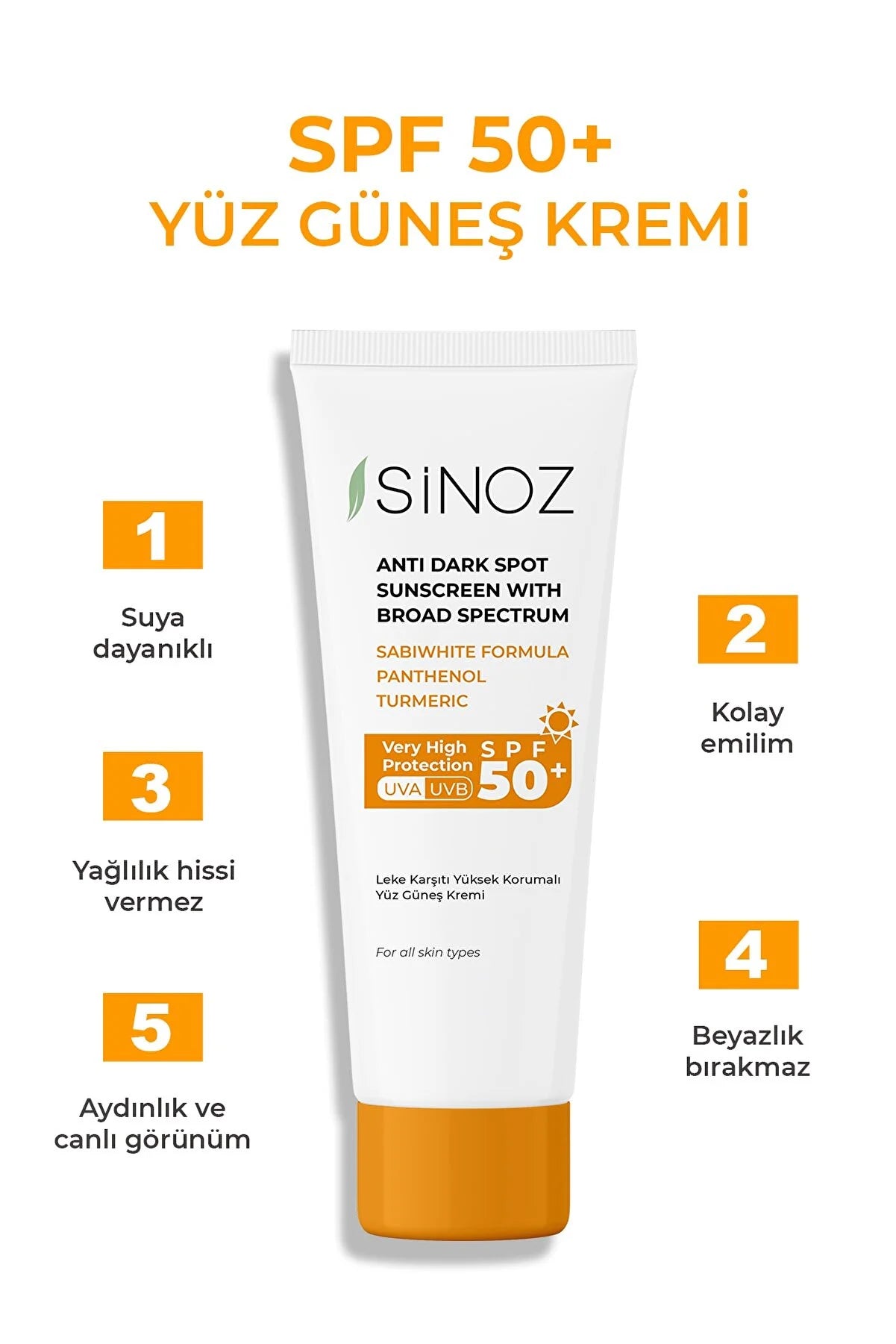 Sinoz SPF 50+ Üz Günəş Kremi - Normal və Quru Dərilər üçün Gündəlik İstifadə 50 ml